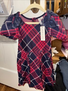 Janie and Jack Navy and Red Plaid Dress with Bow Shoulders